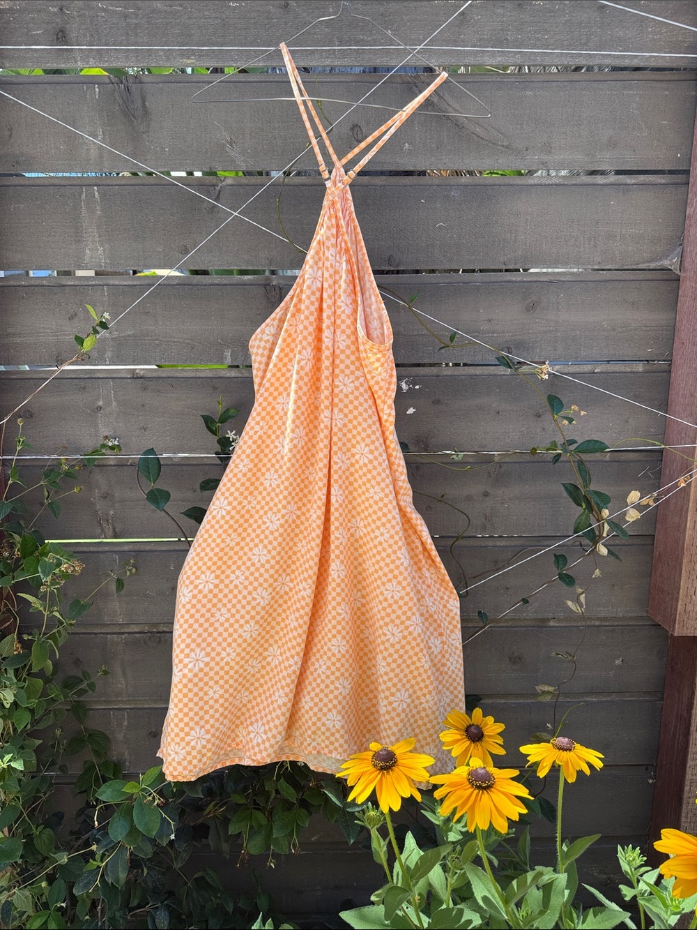 Orange & White Checkered Flower Halter Mini Dress - Medium - SO Clothing